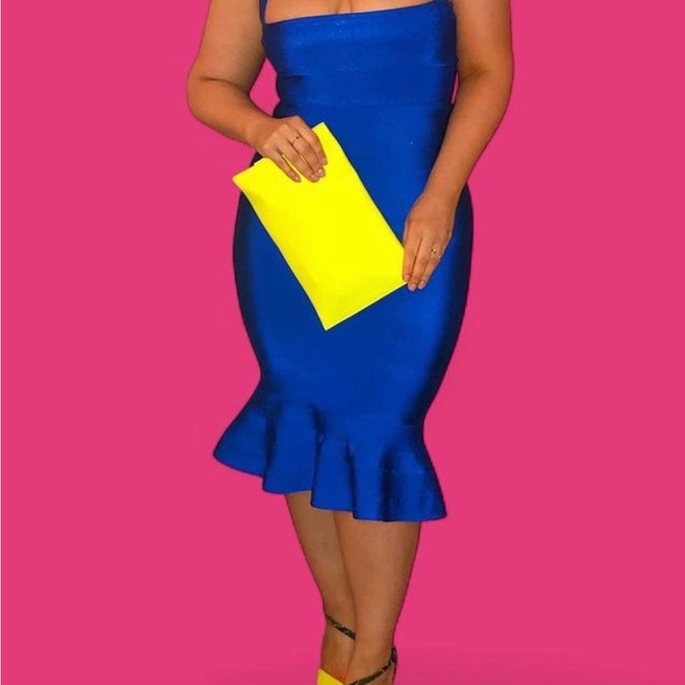 Chic Blue Ruffle Hem Pencil Skirt
